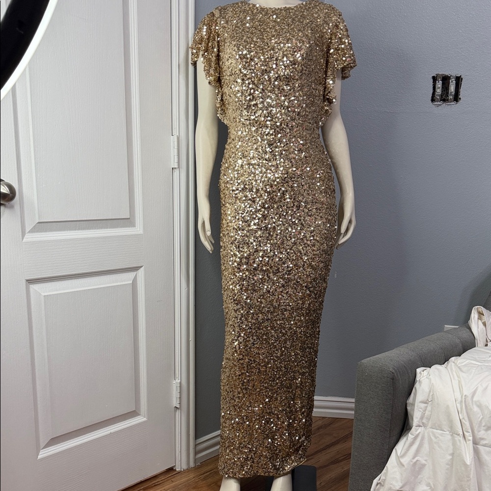 Gold Sequin Maxi Dress with Flutter Sleeves
